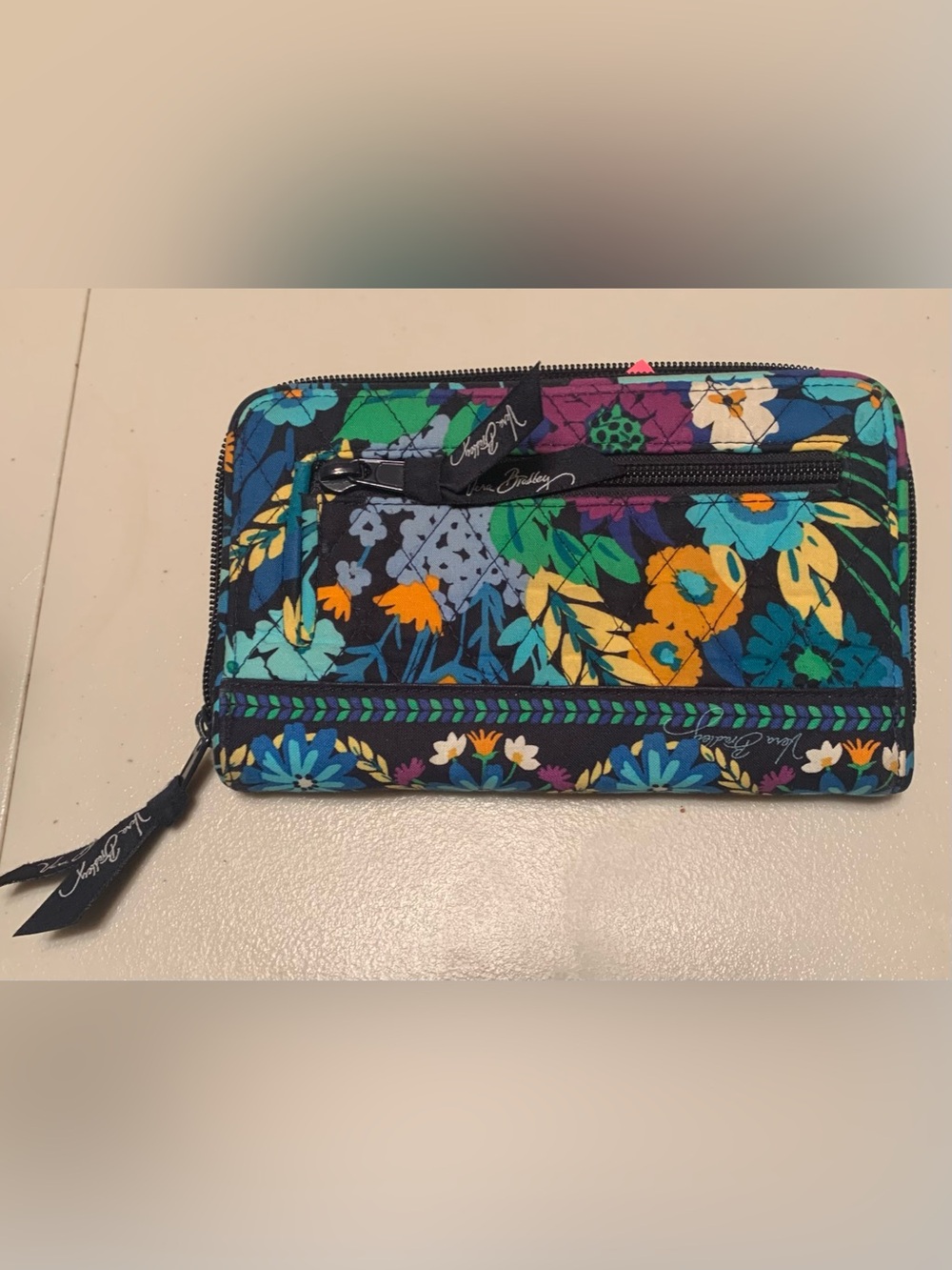 Vera Bradley Black Floral Quilted Zip Wallet with Teal & Blue Accents - Picture 2 of 6